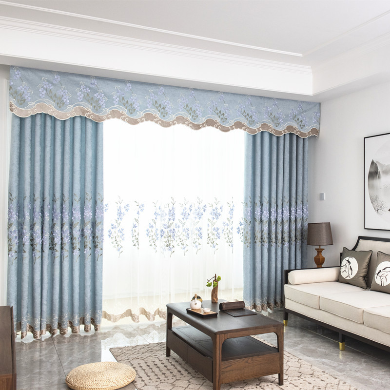 

New Chinese Pastoral Chenille Relief Embroidery Shading Curtains for Living Dining Room Bedroom., Gray tulle