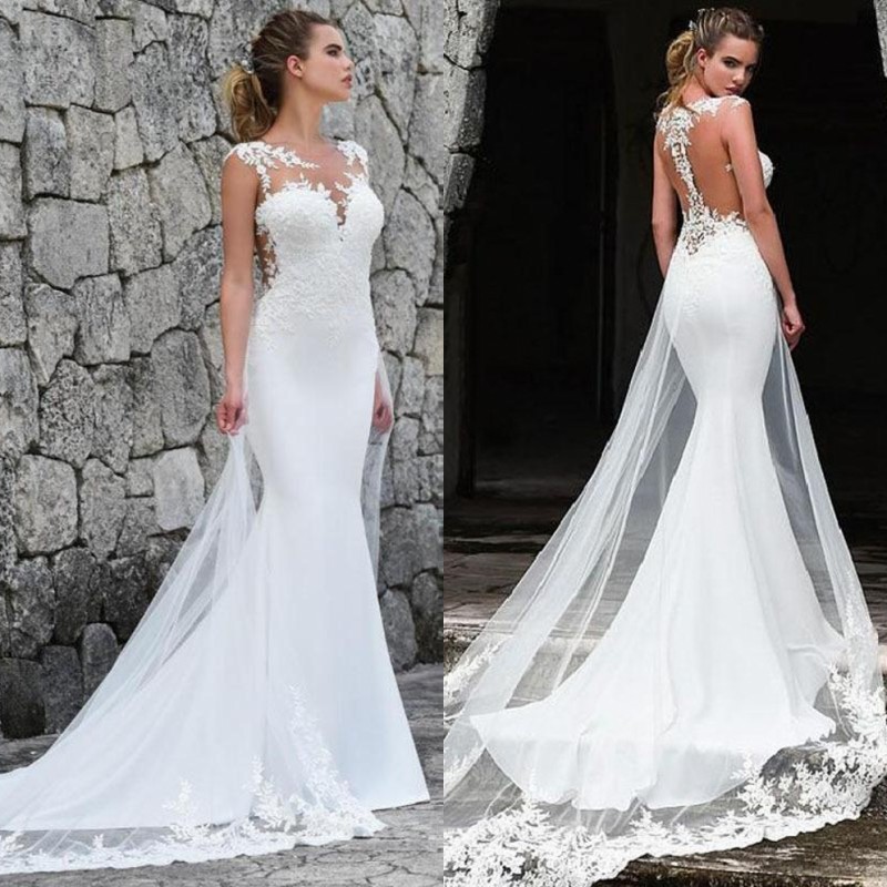 

Elegant Lace Wedding Dresses Illusion Backless Sweep Train Bridal Wedding Gowns With Buttons robe de, Red