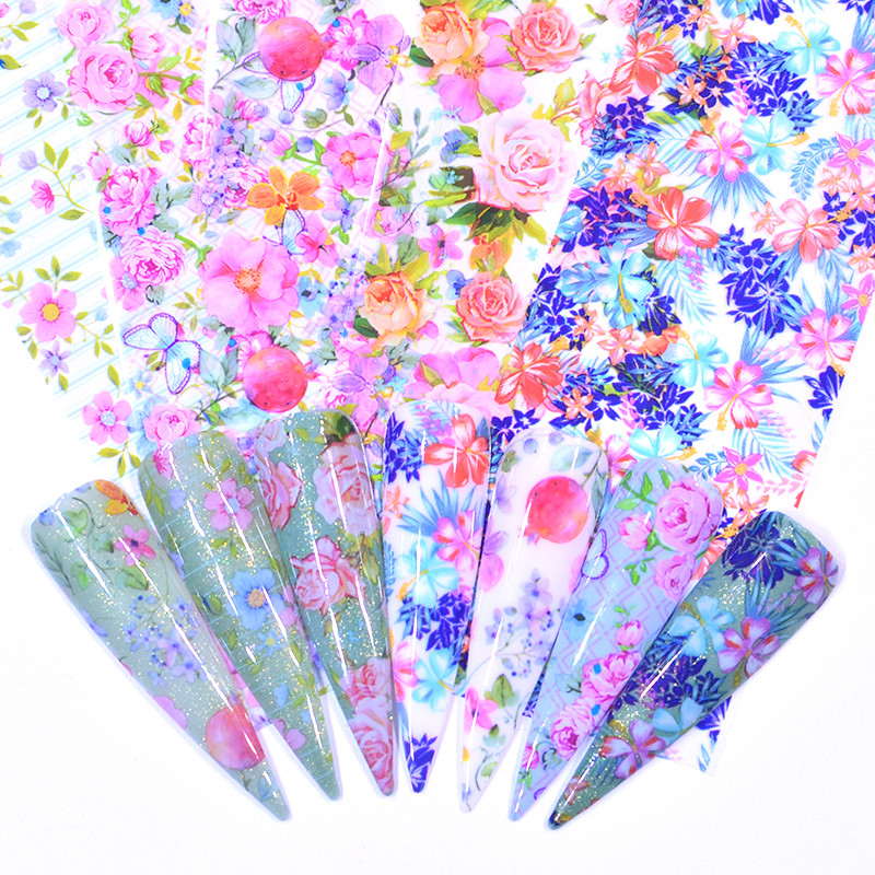 

WUF 5Pcs Fashion Nail Foil Stickers Set Women For Nails Rose Blue/Green Flowers Art Stick Decals Transfer Sticker Decoration DIY, 20-2