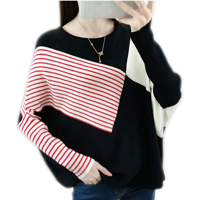 

Women Sweater Striped Patchwork Color Loose Sweater Batwing Sleeve O Neck Pullover Female Autumn Winter New Jumper Chic Q343, Black