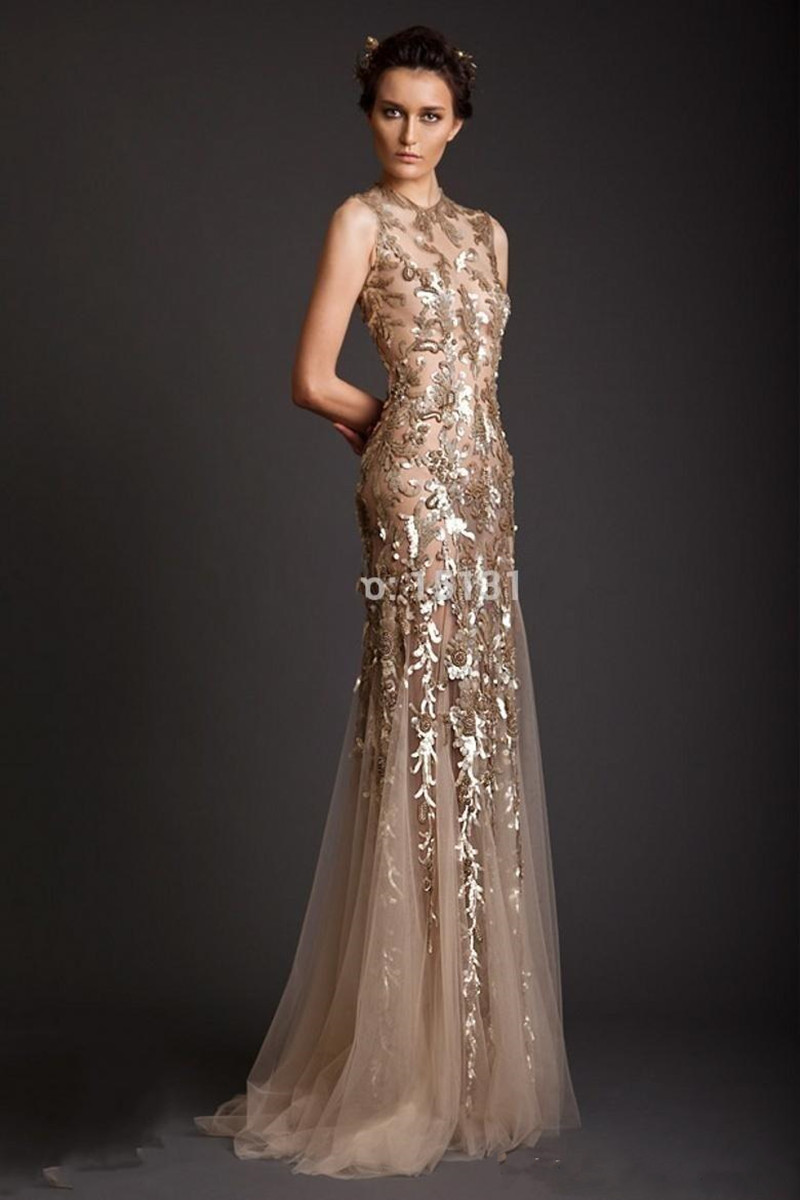 

2019 Krikor Jabotian New Arrival Evening Dresses Sexy Mermaid Sheer Crew Gold Applique Evening Gowns Tulle Prom Dresses, Burgundy