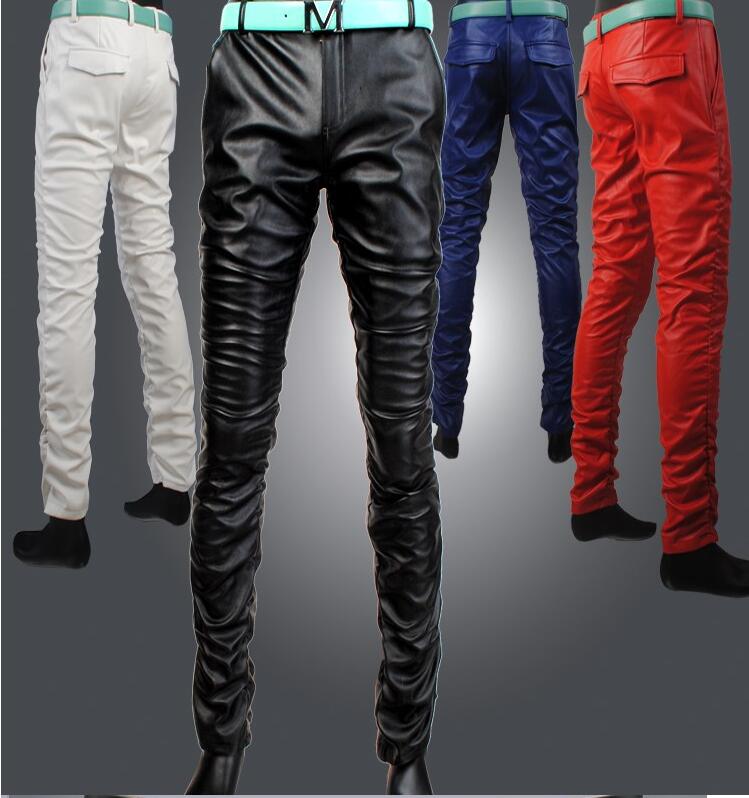 Fashionable new personality men's tight leather pants men's Korean version slim feet black and white red pu leather pants