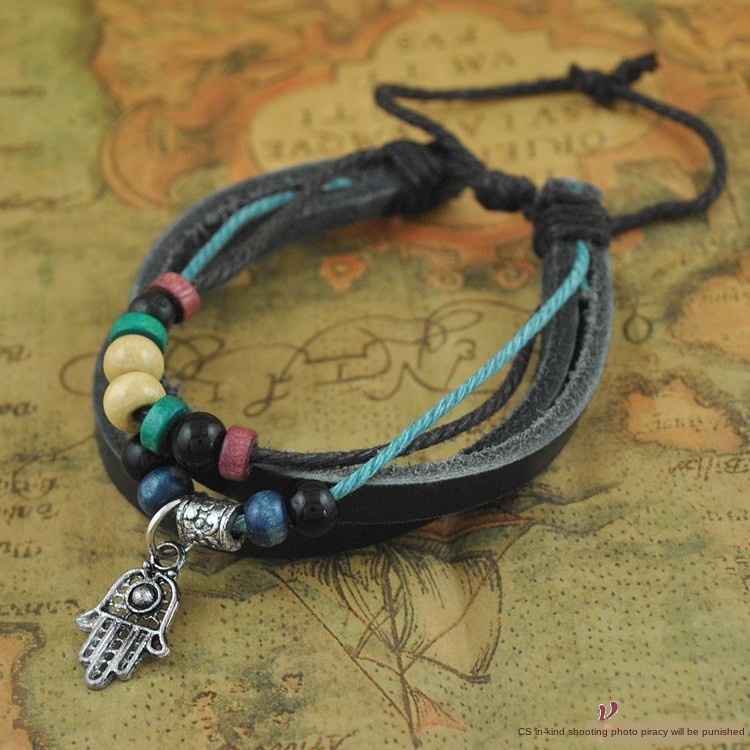 

Bohemia ethnic style sun Palm leather rope bracelet woven personalized multi-layer wooden beads minimalist bracelet