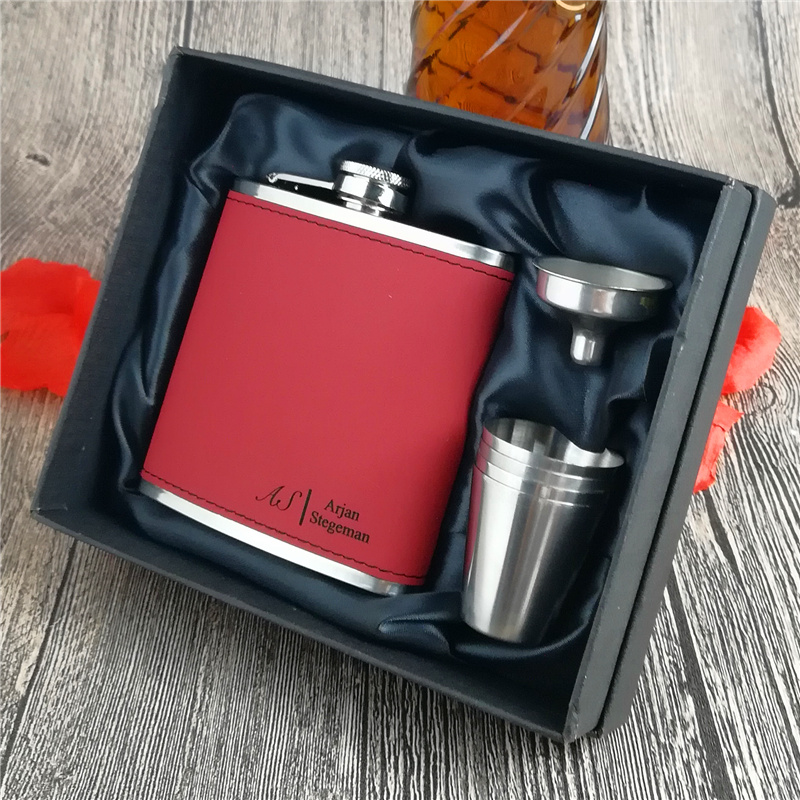 

6 oz red leather hip flask hip flask ,Free Personalized Engraved ,Groomsman or Best man gift , Birthday gift
