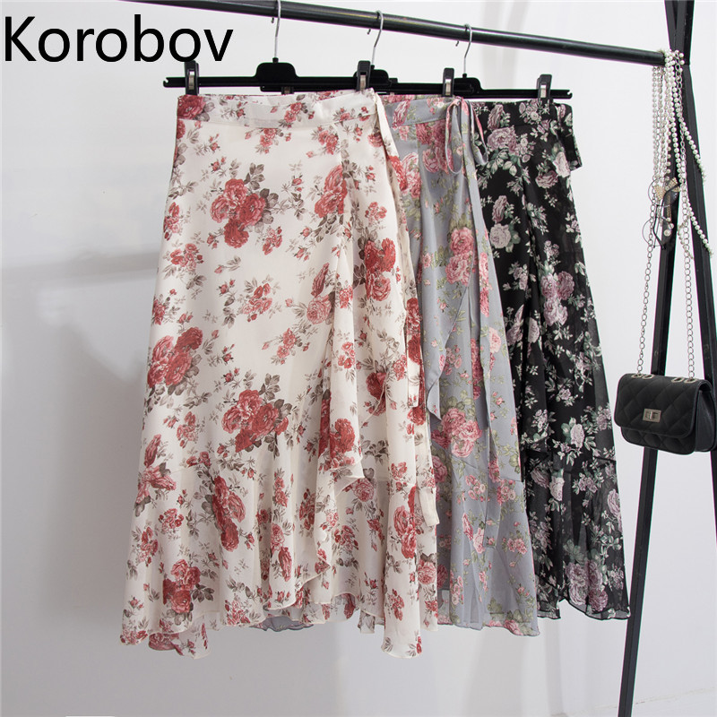 

Korobov Fashion Irregular Ruffles Design Skirt Femme Summer 2020 New Holiday Beach Print Faldas Mujer Bohemian Jumme, Black