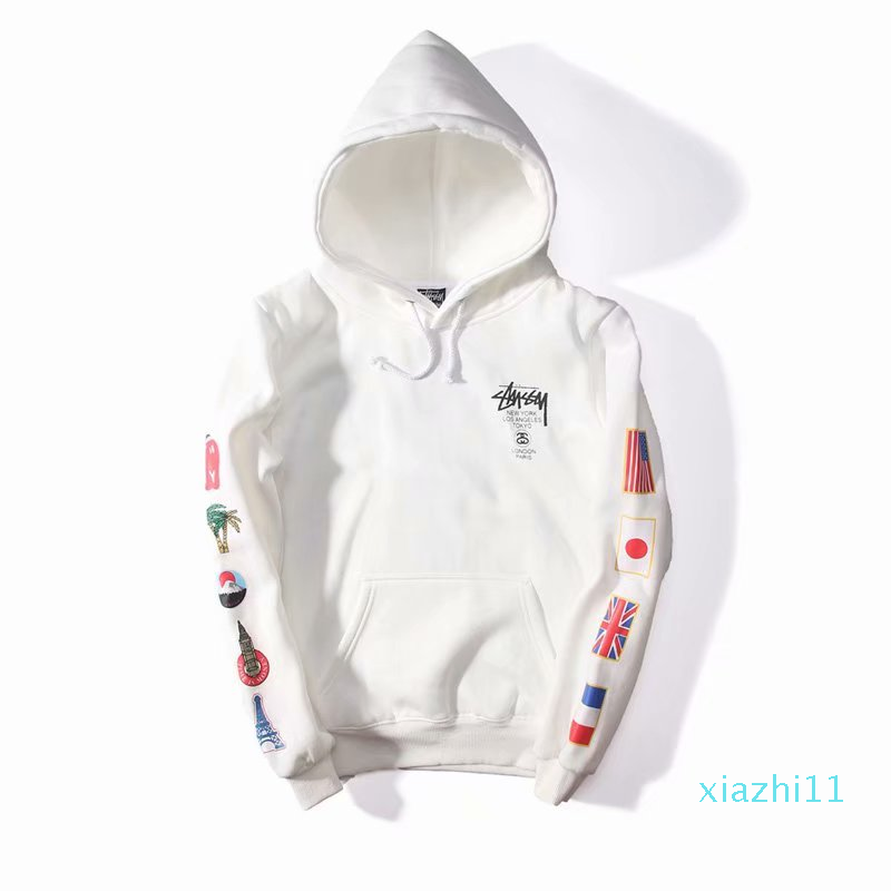 white hoodie with flags on sleeves