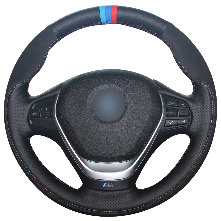 Black Natural Leather Black Suede Light Blue Blue Red Marker Car Steering Wheel Cover for BMW F30 320i 328i 320d F20-image-441802169