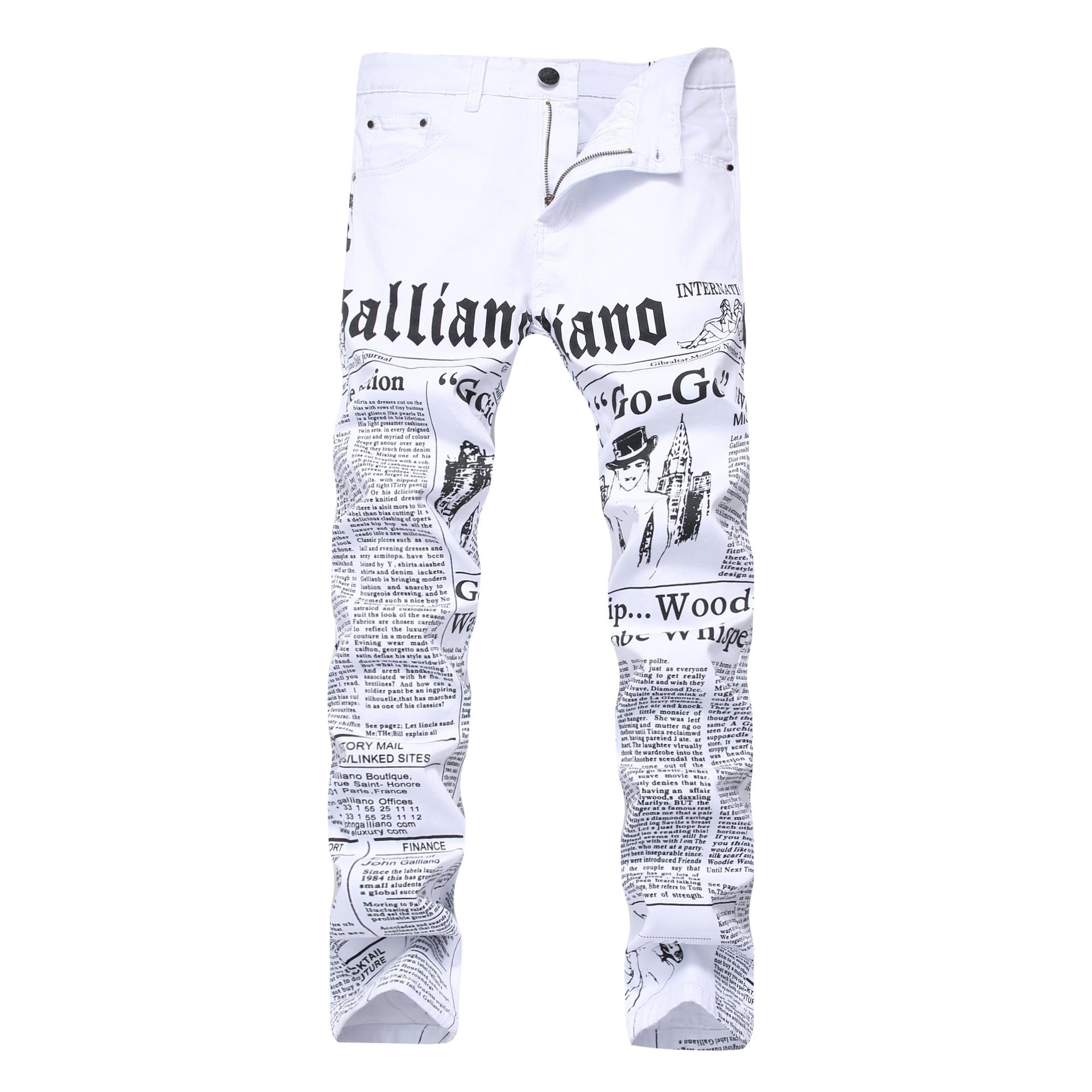 

New Original Design Top Quality Men's Galliano Slim Jeans Punk Rock Nightclub DS DJ Newspaper printed pattern Jeans Hairstylist beggar pants, White