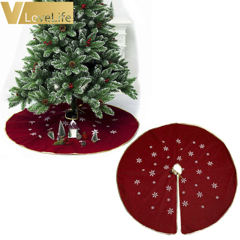 

48 inch Burlap Snowflake Christmas Tree Skirts Christmas Decorations for Home Ivory/Burgundy Color