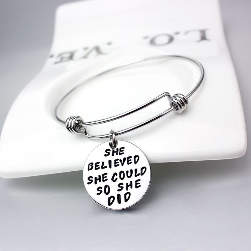 New Popular Silver Plated Engraved Motivational Words Charm Bangle for Wholesale 5 PCS-image-437849459