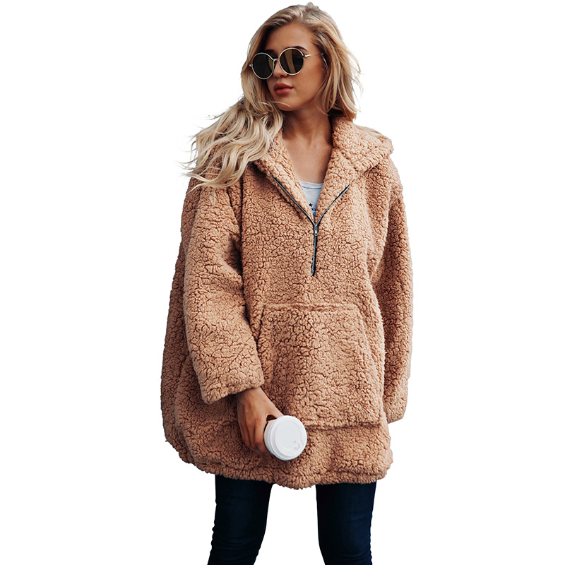 

Thickened Loose Fur Cardigan Zipper with Pocket Warm Jacket Autumn Winter Women Faux Fur Coat Hoodie Long Sleeve Outwear, Dark camel