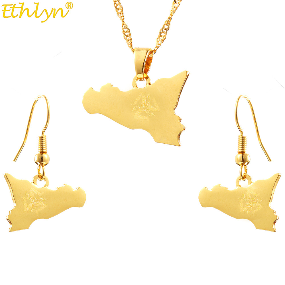 

Ethlyn Italy Sicily Map Two-pieces Earring Pendants Jewelry Sets Gold Color Italian Sicilia Jewelry Gifts S290, As pic