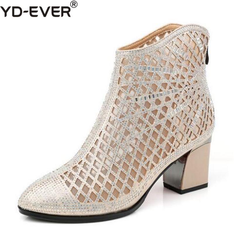 

New Women Boots Summer Shoes 2020 Thick Heel Hollow Mesh Boots Fashion Sandals Breathable Female Shoes, 8018 gold