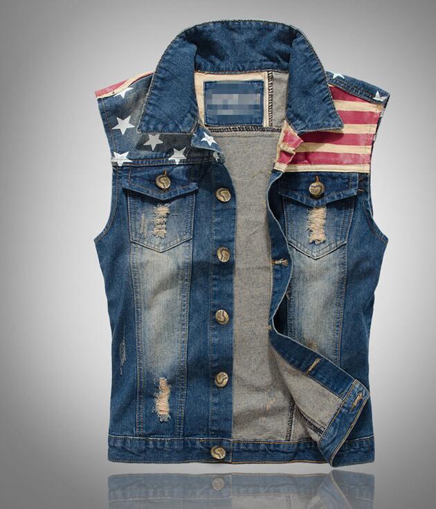 2020 Spring splice high-quality casual men's denim vest waistcoat American flag casual vests Jacket Coat