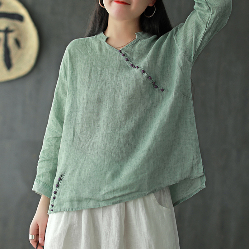 

Johnature Women Chinese Style Shirts V-neck Casual Blouses 2020 Spring Buttons New Loose Vintage Tops Linen Long Sleeve Shirt, Gray