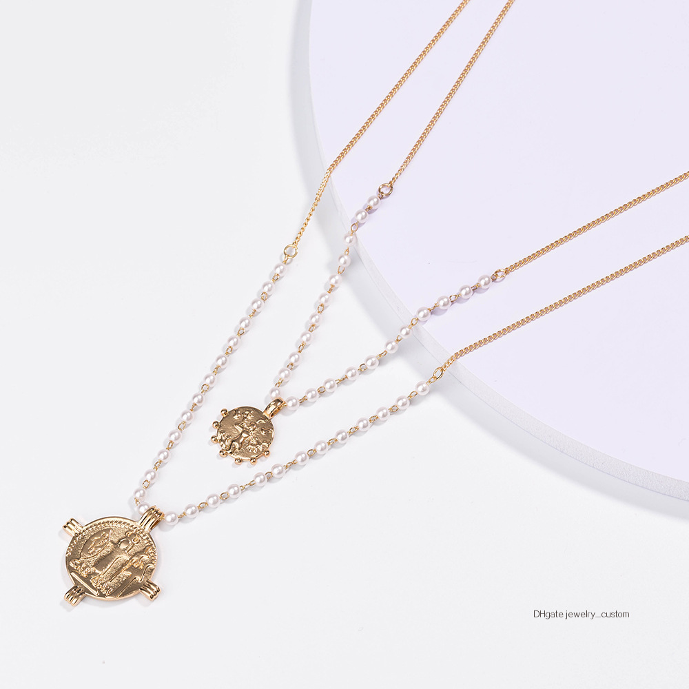 

Multi-storey Necklace Woman Rome Coin Pendeloque Cut Pearl Chain