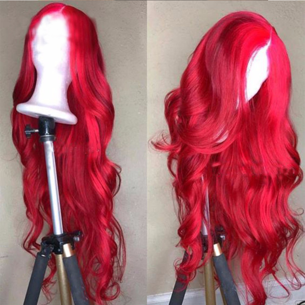 

13x4 Lace Front Human Hair Wigs With Baby Hair Pre Plucked Brazilian Remy Long Body Wave Wig Bright Red Color For Women, Black