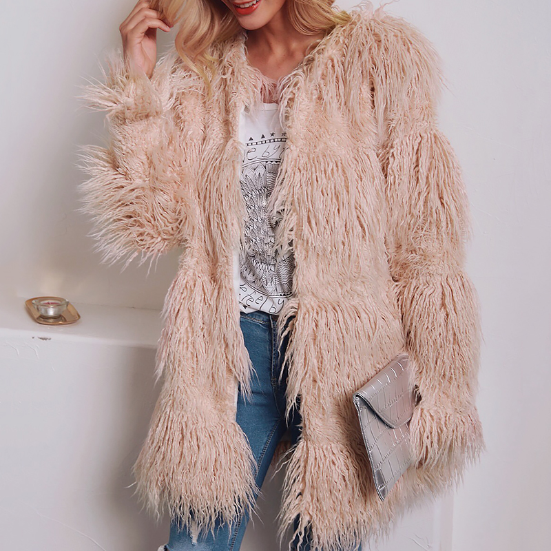 Women Hairy Shaggy Faux Fox Fur O-Neck Short Jackets Gradient Gray Coat New