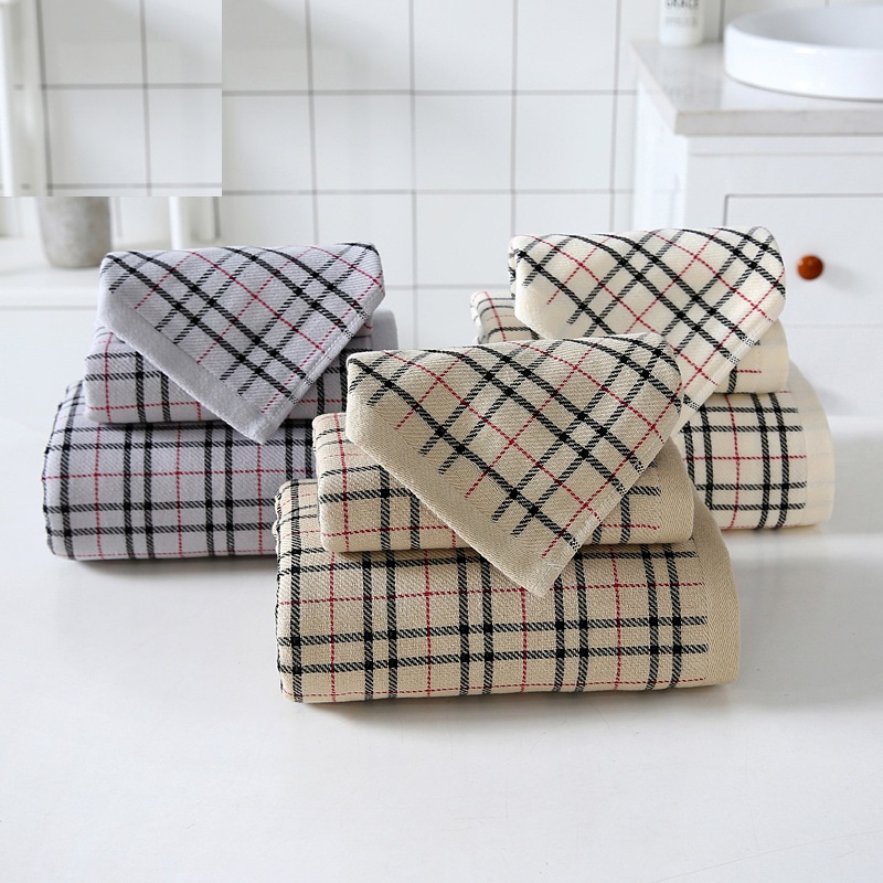

Simple Lattice Soft Absorbent Thick Cotton Towel Bath Towel Set of Three, As picture