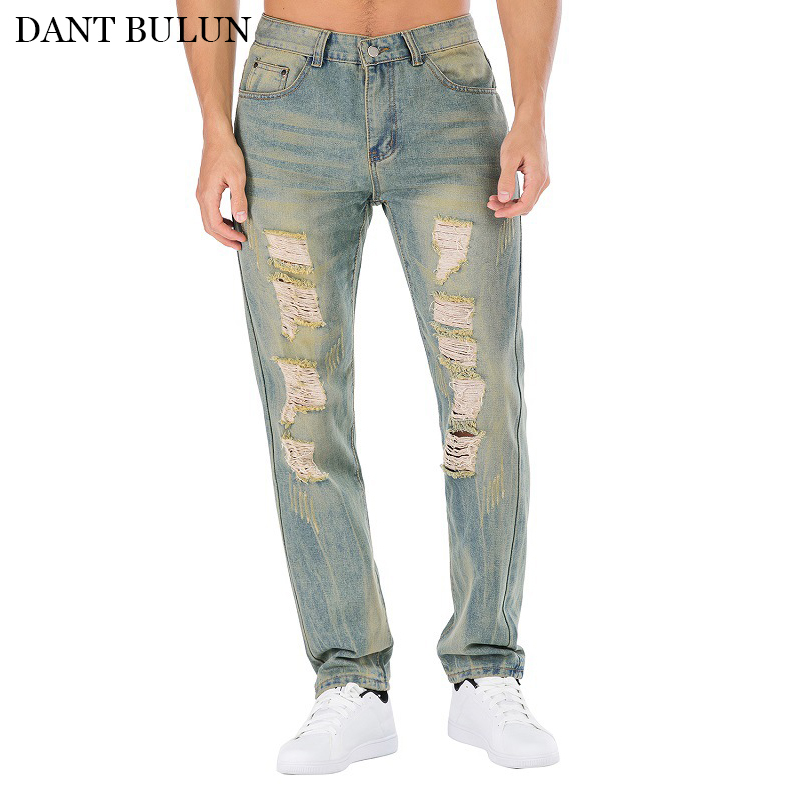 

Jeans Men Fashion Hole Straight Slim Fit Denim Jeans Homme Men Designer Destroyed Ripped Hip Hop Long Pants High Quality, Dark blue-202