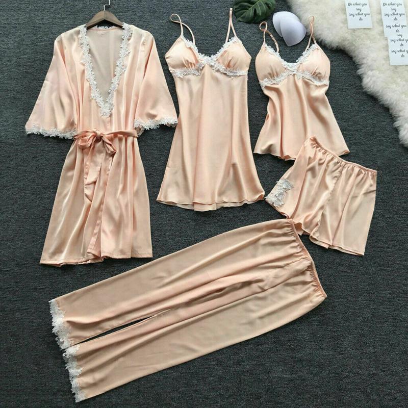 

Meihuida 5pcs Women Lingerie Lace Silk Stain Babydoll Robe Nightwear Bathrobe Gown Pajamas Set Sleepwear, Red