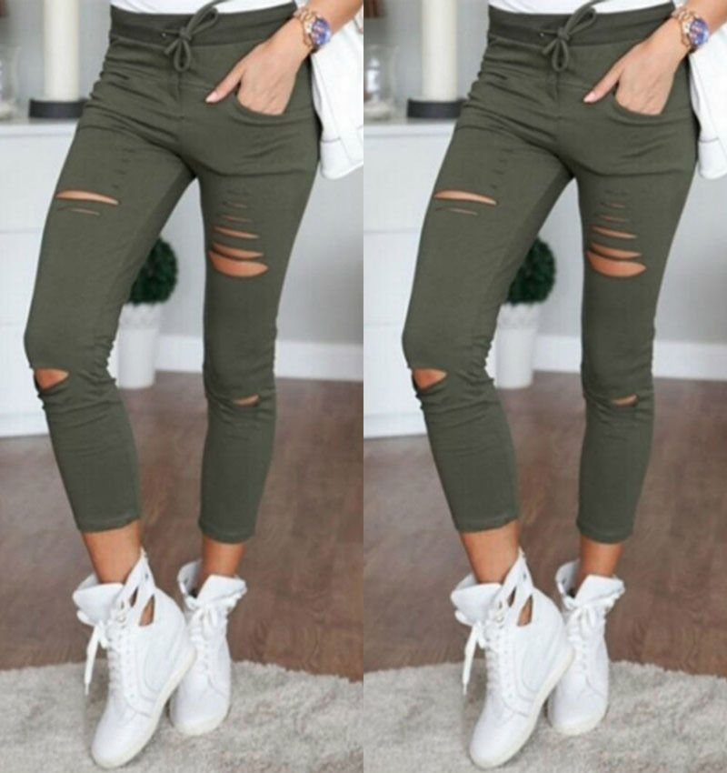 

4XL Women Denim Pants Holes Destroyed Knee Pencil Pant Casual Trousers Black White Stretch Ripped Jeans