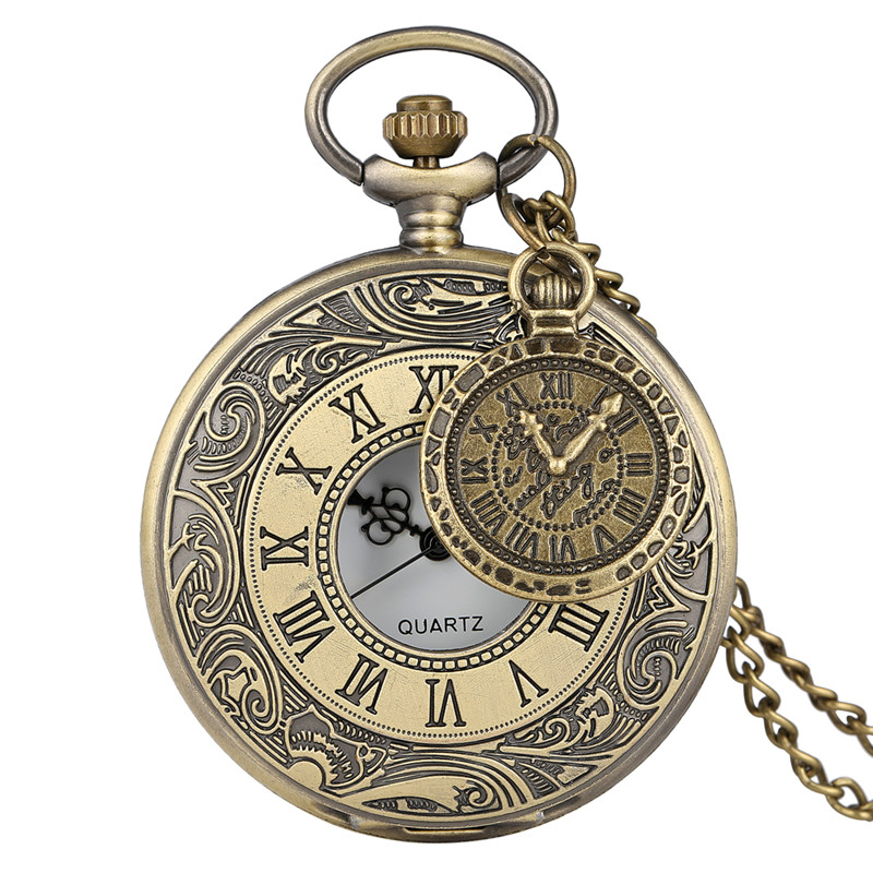 

Retro Vintage Carving Roman Number Case Bronze Quartz Pocket Watch Steampunk Analog Display Clock Necklace Chain reloj de bolsillo