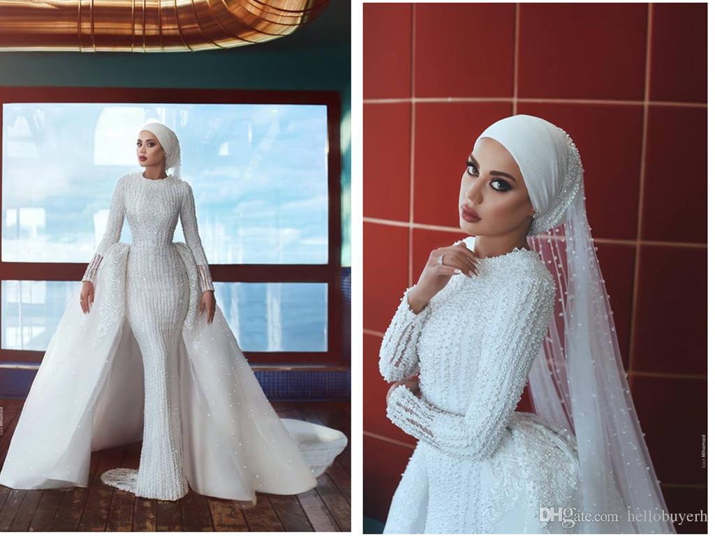 

2019 Zuhair Murad Mermaid Muslim Long Sleeve Vintage Luxury Wedding Dress Full Beads vestido de novia Custom Wedding Guest Dress Bridal Gown, Pink