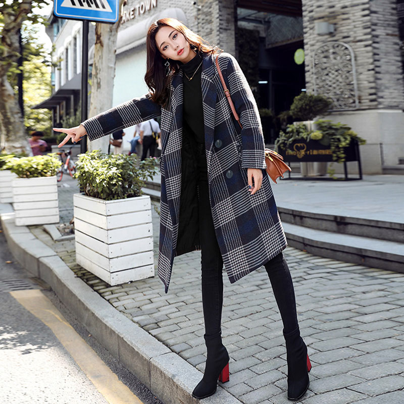 

New English Style Plaid Woolen Coat Women Autumn and Winter 2019 Fashion Turn-down Collar Loose Plaid Wool Blends Outerwear, Blue