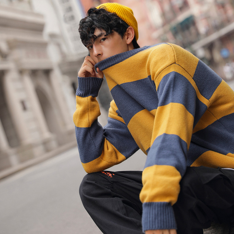 

Men Striped Fine-knit Sweater Casual Dropped Shoulder Pull-over Sweater with Ribbed Crewneck Cuff and Hem Spring Autumn A1019 g, Yellow