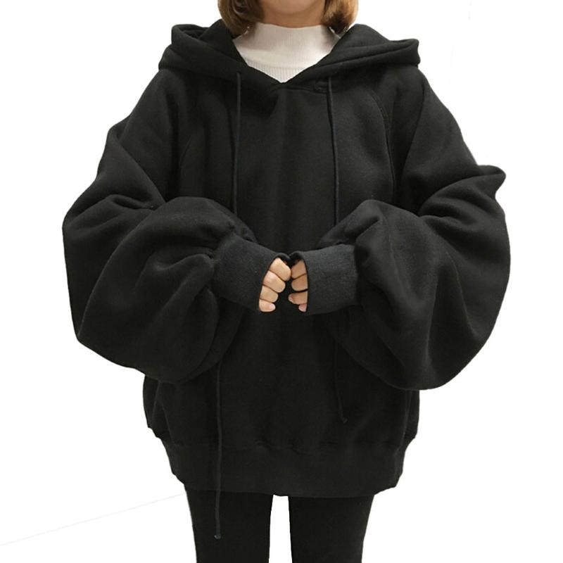 

Women Fashion Loose Solid Color Hooded Frenulum Sweatshirts Gilrs Korean Style Ladies Lantern Sleeves Sweter Hoodie Crop Tops, Black