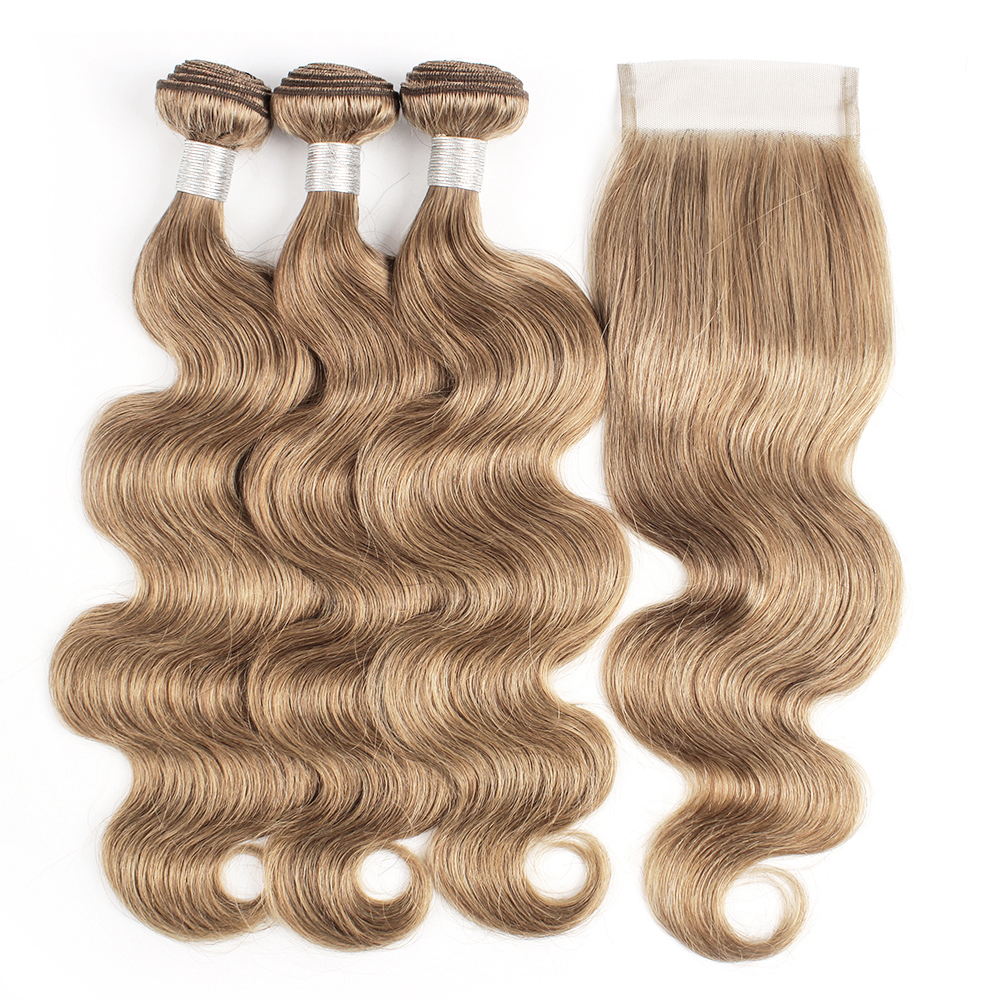

Brazilian Human Hair Bundles With Closure #8 Ash Blonde Body wave 4 Bundles With 4x4 Lace Closure Remy Human Hair Extensions