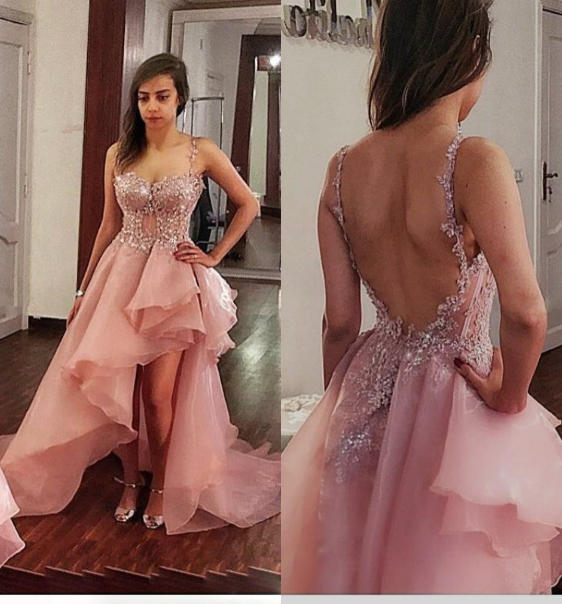 

Newest A Neck Prom Dresse Sleeveless Spaghetti Chiffon Hi Lo Crystal Party Dress Sweep Train robes de soirée, Customize