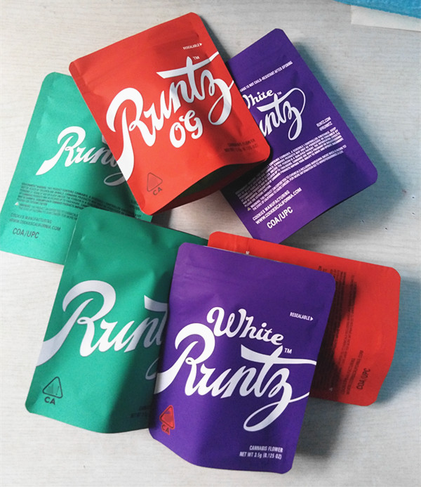 

2020 new edible bag plastic 3.5g white runtz og with sticker mylar smell proof zipper bag resealable dry heb packaging custom