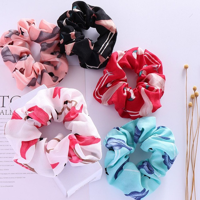 

New Floral Flamingo Solid Houndstooth Design Women Hair Accesorios Hair Tie Scrunchie Ponytail Hair Holder Tool