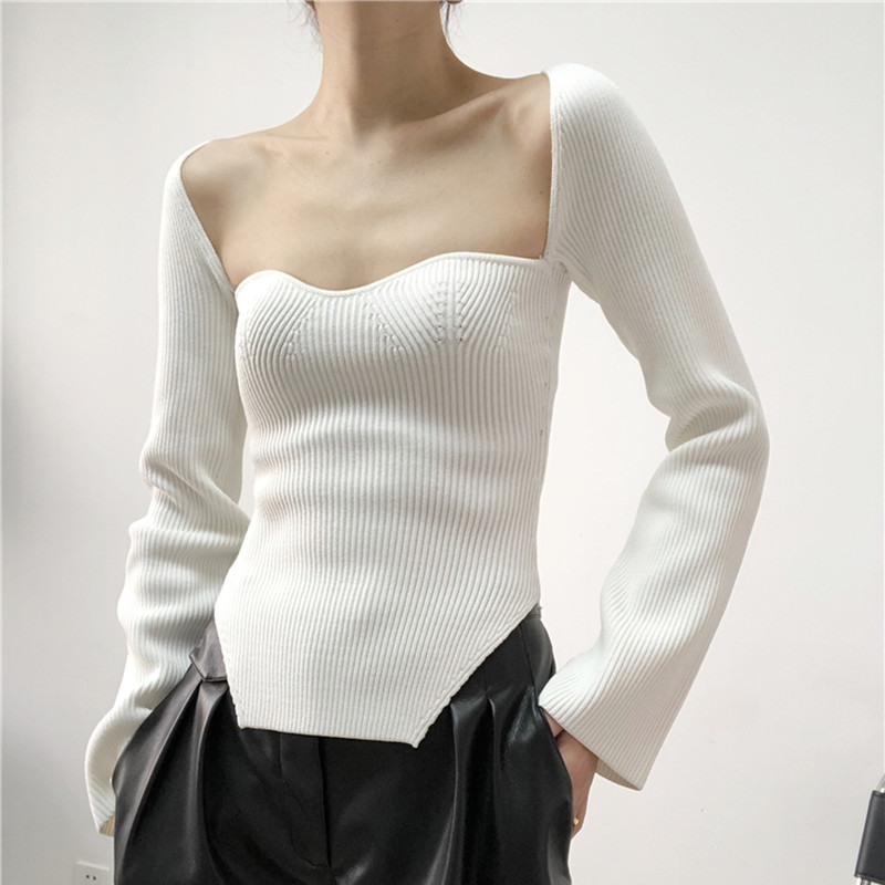 

Black White Solid Color Sweater Women' Knit Pull Long Sleeve Slim Sexy Arc Hem Side Split Tops