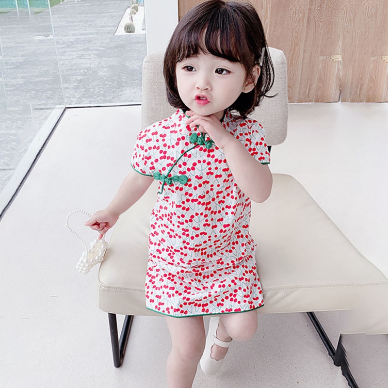 

Baby Girls Kids Dress Child Casual Cheongsam Short Sleeves Flowers Pattern Children's Dresses Fashion Children's Clothing, Green