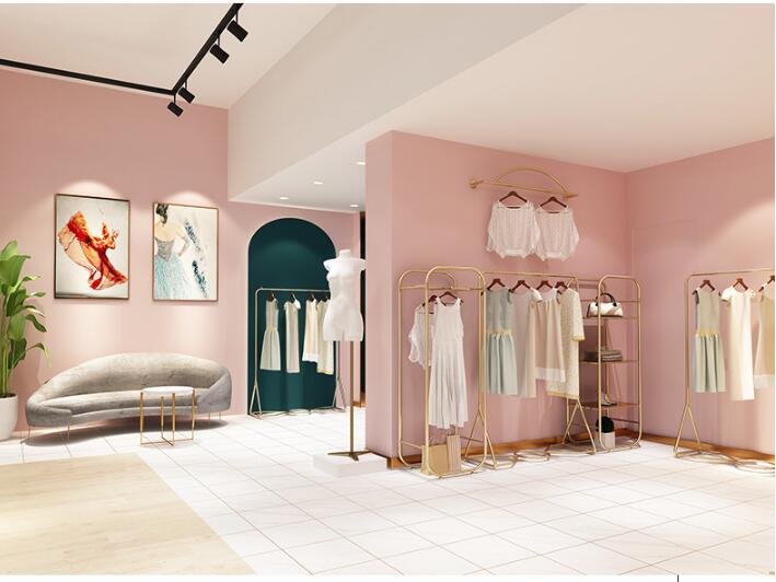 

Clothing store clothes rack display rack floor type light luxury women's clothing store display rack gold side hanging decorative clothes