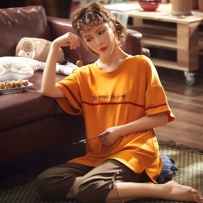 

Simple Summer Pajamas Short Sleeve Sleepwear Women Pajamas Set Cropped Pants Cute Casual Homewear Female Pyjamas