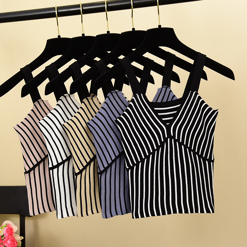 

Women Knitting Deep V-neck Patchwork Vertical Stripes Tank Tops Girls Knitted Camisole Sleeveless Short T-Shirts For Woman, Blue stripe