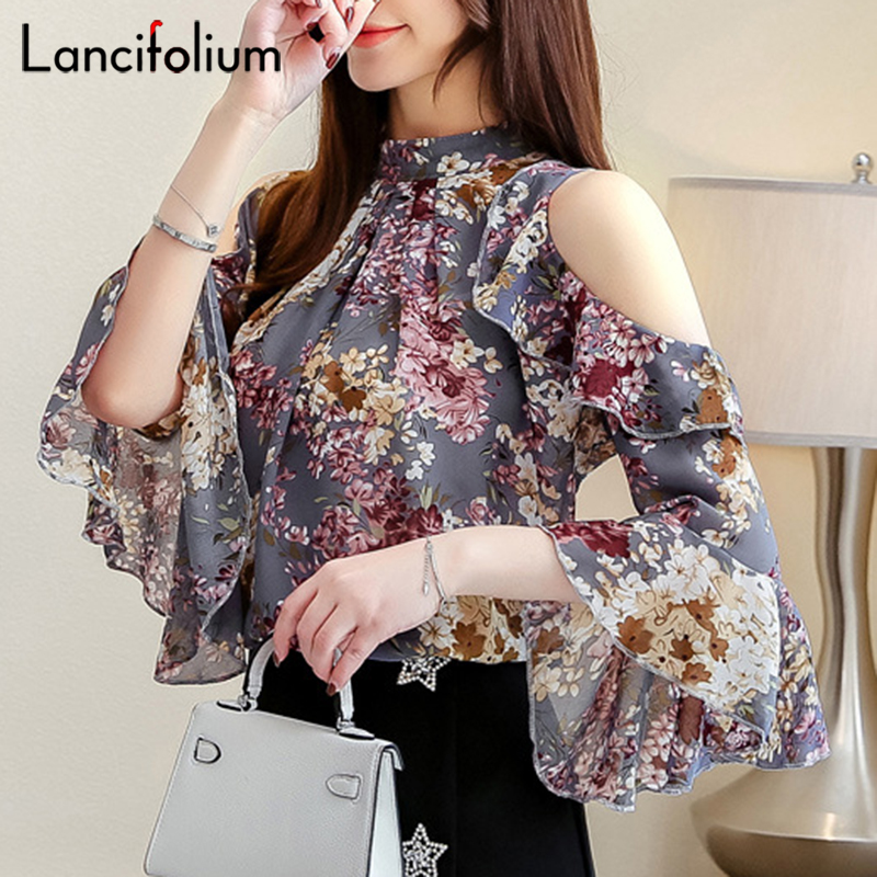 

Floral Chiffon Ruffle Blouse Women Summer Vintage Boho Korean Fashion Shirt 2020 Plus Size Cold Shoulder Tops Ladies Pink Blusas, Blue