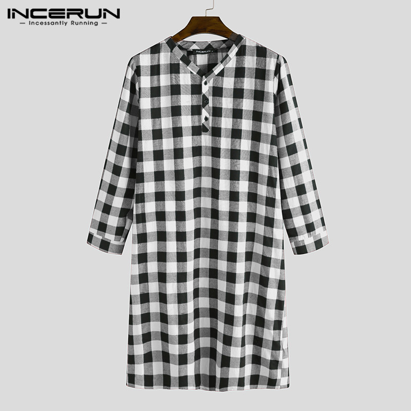 

INCERUN Fashion Plaid Men' Sleep Robes Soft Button Loungewear Long Sleeve V Neck Leisure Long Pajamas Men Nightgowns Homewear, Black