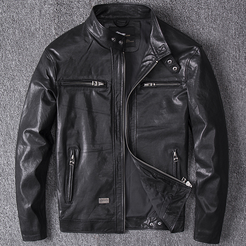 

Vintage Genuine Leather Jacket Men Spring Autumn Real Sheepskin Coat Mens Motorcycle Jacket Chaqueta Cuero Hombre YY454, Black