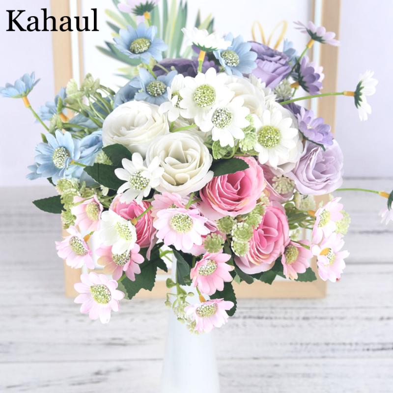 

fake silk roses artificial flowers small pink bouquet for wedding home birthday DIY decoration white artificial daisy flowers