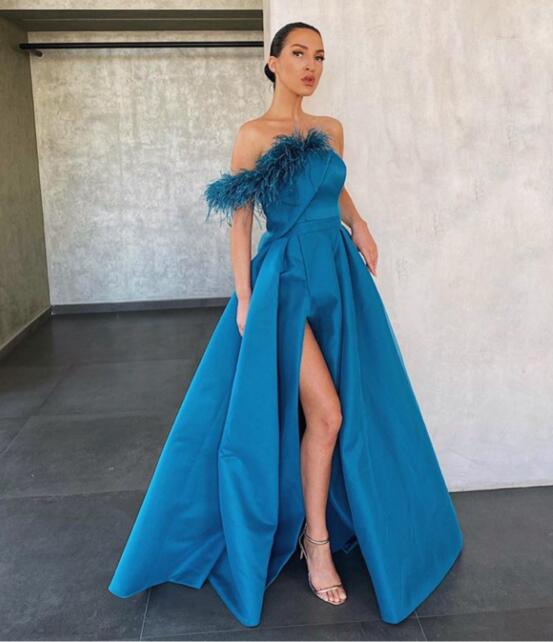 

Evening dress Youself aljasmi Maxi Dresses Strapless Ball Gown Floor-Length Sleeveless Peplum Zpper Feather Split Strapless backless, Same with picture