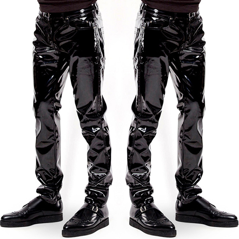 

Mens Elastic Faux Leather PVC Pants Motorcycle Ridding Black Slim Fit Dance Party Trousers Wetlook Patent Leather Pants for Male, As pic