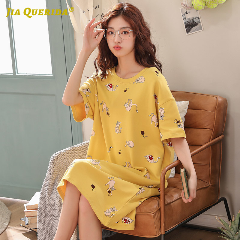 

2020 Summer New Ladies Sleep Wear Nightgown Sleepshirt Yellow Cartoon Cat Printing Short Sleeves Knee-length Women's Homewear, 1924