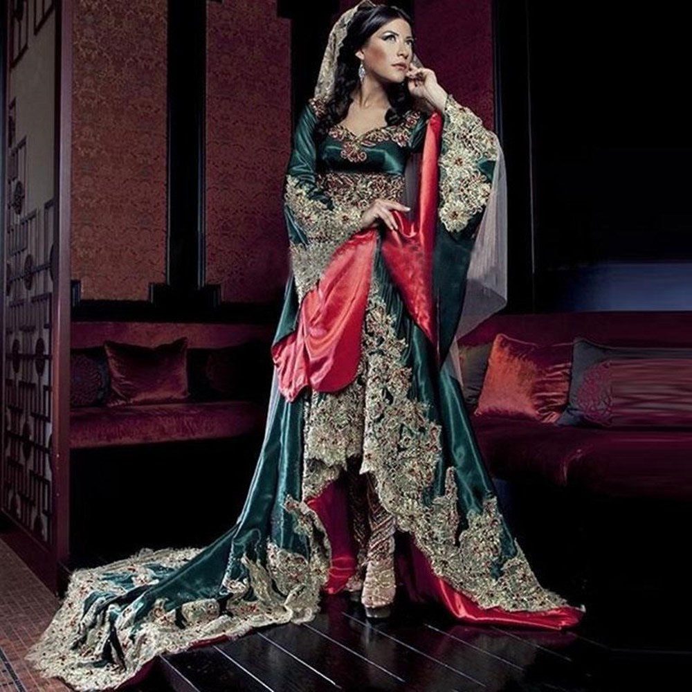 

India Saudi Arabian robe Long Sleeves Sweetheart Evening Dresses Hunter Green With Lace Appliques Muslim Evening Gowns, Red