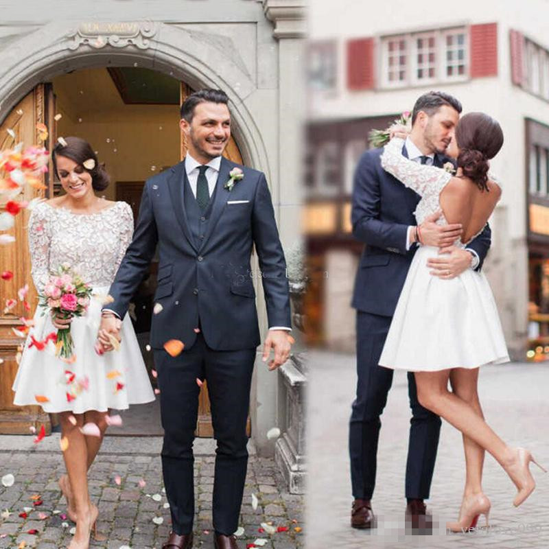 

2019 Chic Lace Short Wedding Dresses Knee Length Sheer Long Sleeves Bridal Gowns Custom Made Backless Beach Wedding Gowns robe de mariage, White