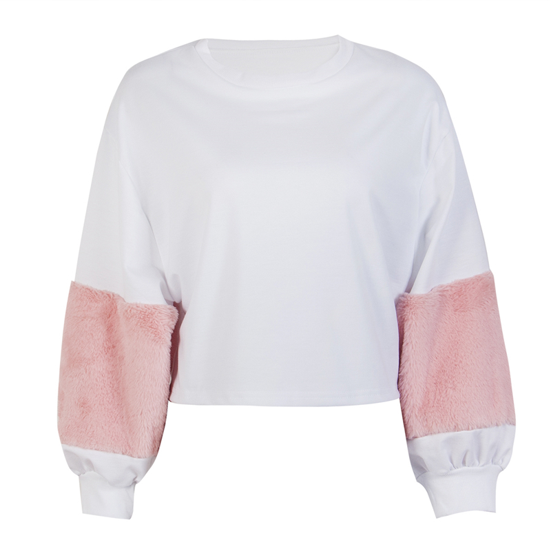 

Patchwork Long Sleeve Cotton Sweatshirt Women O Neck White Casual Pullovers Puff Sleeve Hoodies Oversized Sweatshirt, Multi